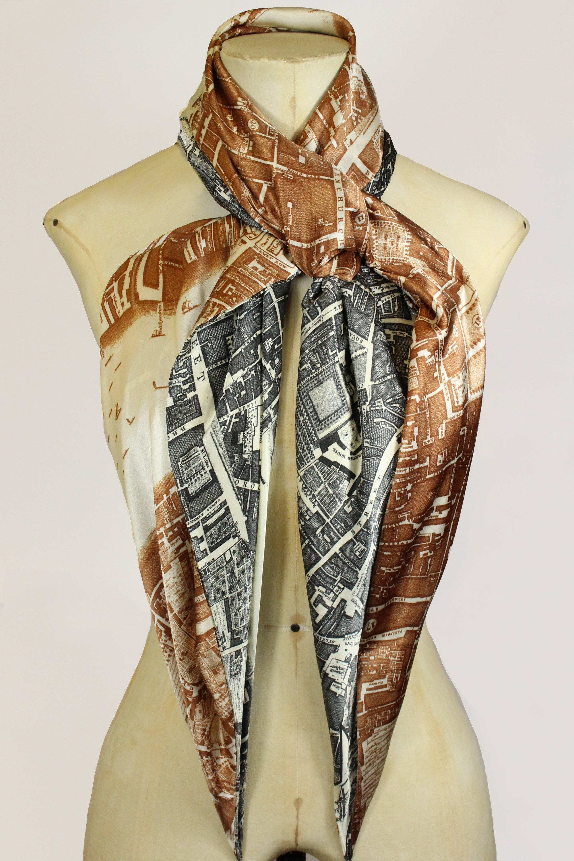 LARGE SILK SQUARE SCARF IN BROWN AND CHARCOAL BOUNDARY-accessories-A Child Of The Jago