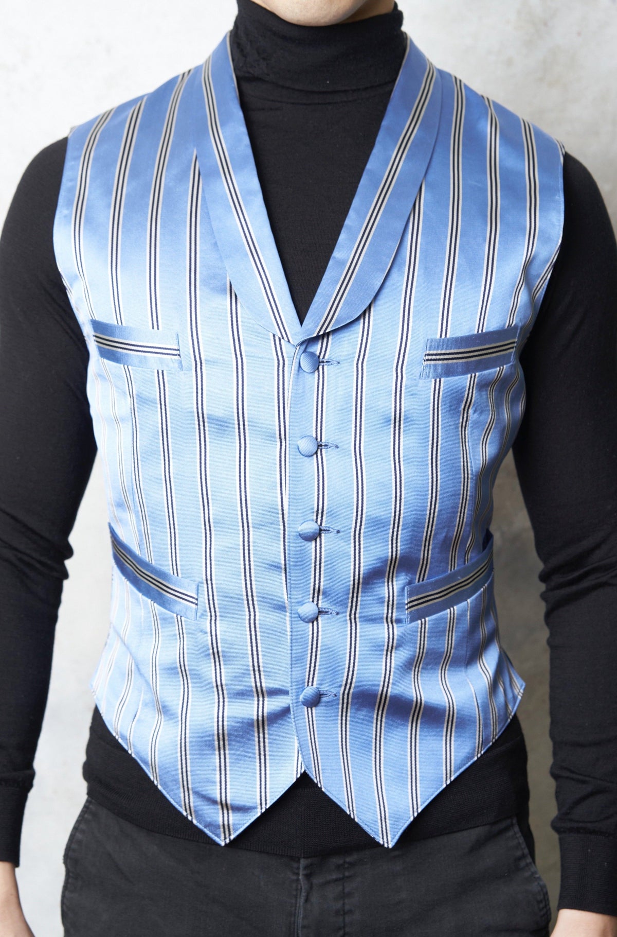 SHAWL COLLAR WAISTCOAT IN BLUE ROCHESTER SILK (made to order)-menswear-A Child Of The Jago
