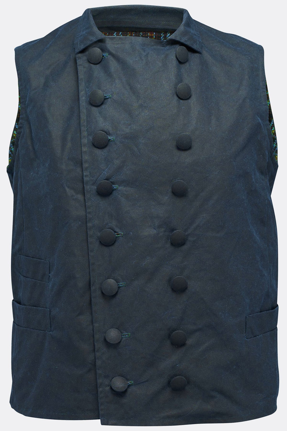 SHEPPARD WAISTCOAT IN NAVY WAXED COTTON-menswear-A Child Of The Jago